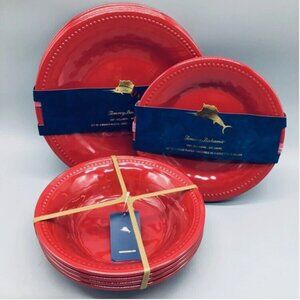 12pc Tommy Bahama Red Melamine Dinner Salad Plate Bowl Set Hobnail Edge Outdoor
